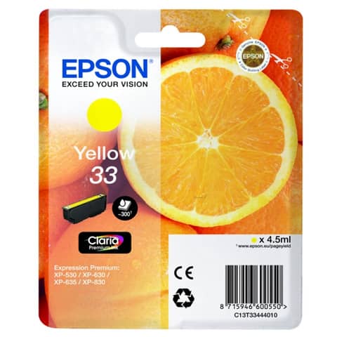 Epson 33 - 4.5 ml - giallo - originale - blister - cartuccia d'inchiostro - per Expression Home XP-635, 830; Expression Premium XP-530, 540, 630, 635, 640, 645, 830, 900