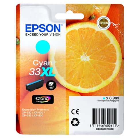 Epson 33XL - 8.9 ml - XL - ciano - originale - blister - cartuccia d'inchiostro - per Expression Home XP-635, 830; Expression Premium XP-530, 540, 630, 635, 640, 645, 830, 900