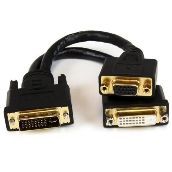 StarTech.com Cavo sdoppiatore DVI-I a DVI-D e HD15 VGA per thin client Wyse - Cavetto adattatore Y-Splitter DVI per doppio Monitor - 20cm - Splitter DVI - DVI-I (M) a HD-15 (VGA), DVI-D (F) - 20.32 cm - nero
