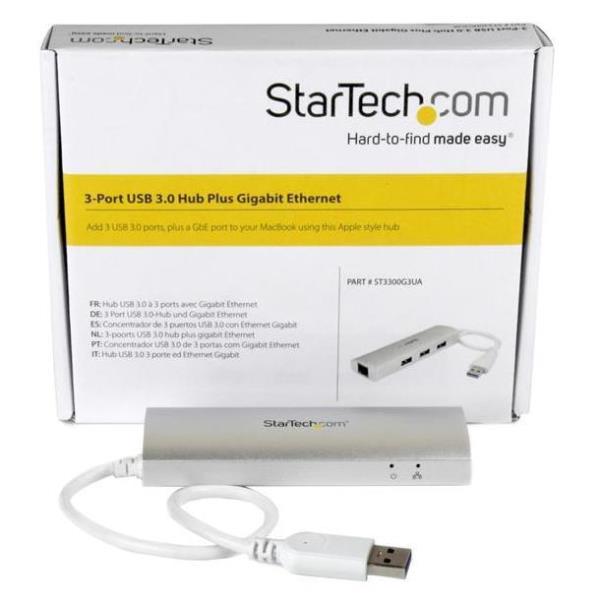 StarTech.com Hub USB 3.0 a 3 porte con Adattatore NIC Ethernet Gigabit Gbe in alluminio con cavo integrato perfetto per MacBook - Hub - 3 x SuperSpeed USB 3.0 + 1 x 10/100/1000