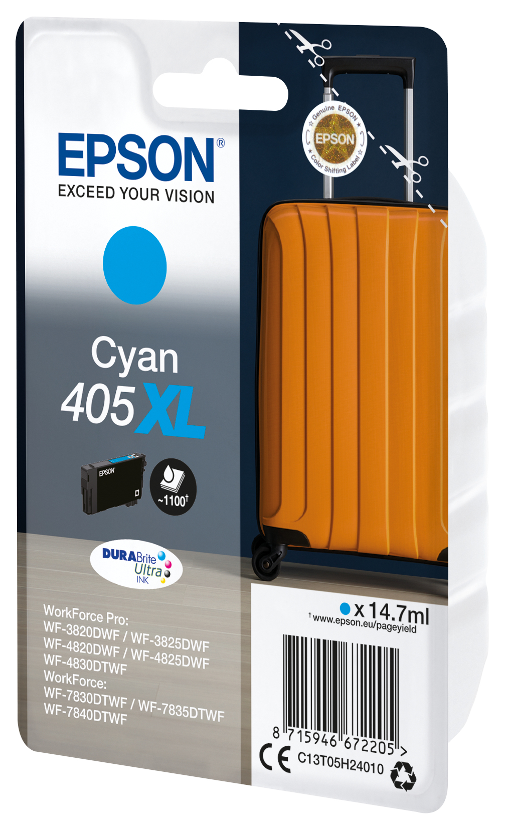 Epson 405XL - 14.7 ml - ciano - originale - cartuccia d'inchiostro - per WorkForce WF-7310, 7830, 7835, 7840; WorkForce Pro WF-3820, 3825, 4820, 4825, 4830, 7840
