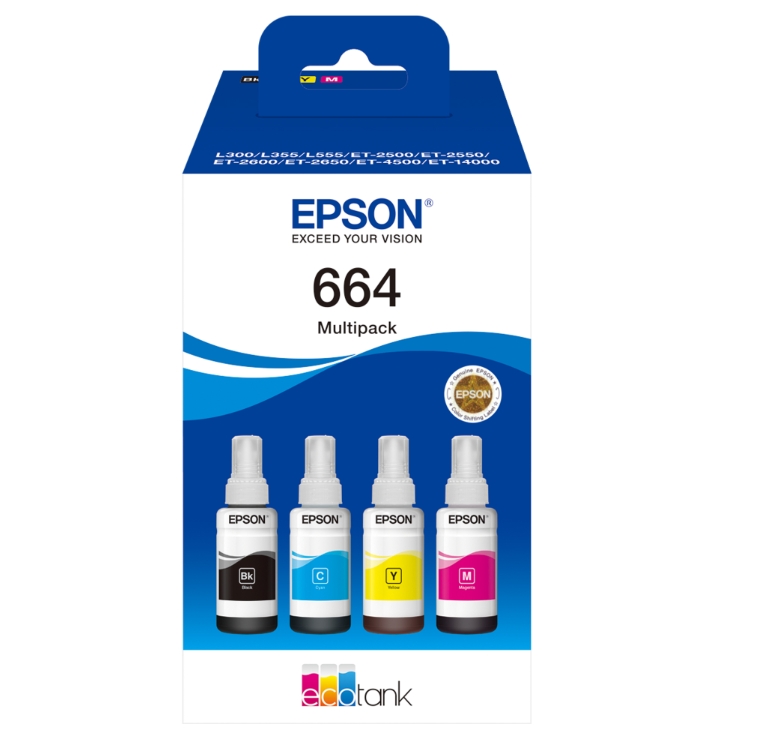 Epson EcoTank 664 - Confezione da 4 - nero, giallo, ciano, magenta - originale - ricarica inchiostro - per Epson L380, L395, L495; EcoTank ET-2650, L1455, L656; EcoTank ITS L3050, L3060, L3070