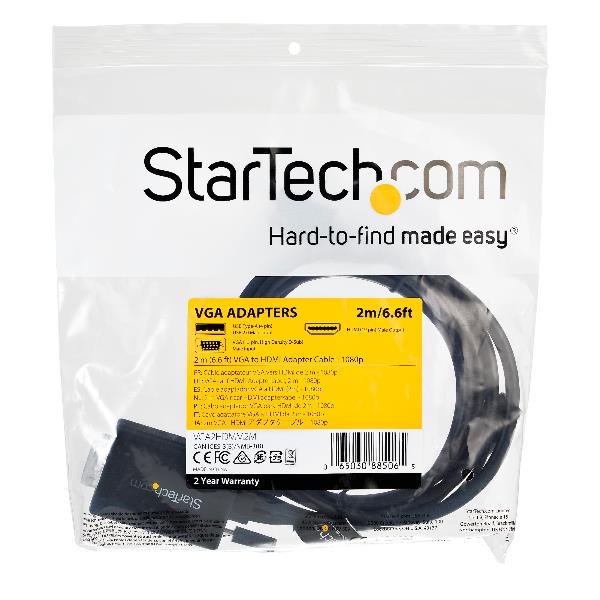 StarTech.com Cavo adattatore da VGA a HDMI da 2 m - Alimentazione via USB - 1080p -Convertitore attivo VGA (M) a HDMI (M) (VGA2HDMM2M) - Cavo adattatore - USB, HD-15 (VGA) maschio a HDMI maschio - 2 m - nero - attivo, supporto 1080p, Alimentazione USB + audio