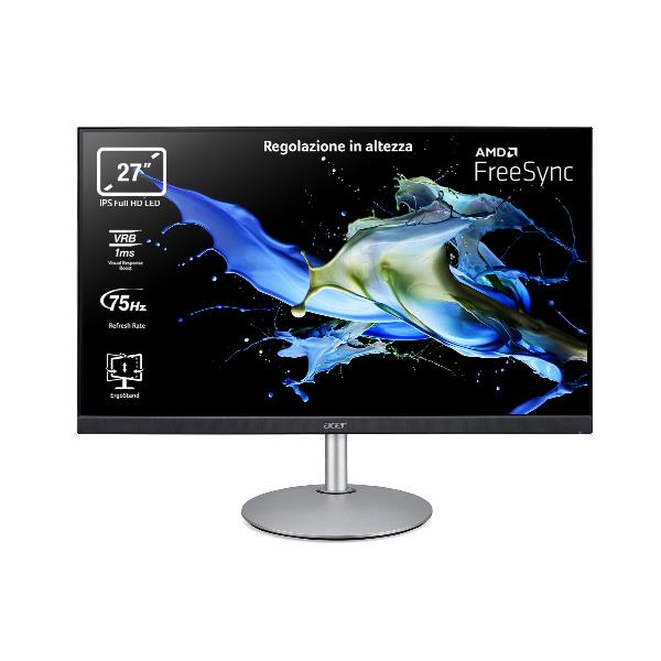 Acer CB272 smiprx - Monitor a LED - 27" - 1920 x 1080 Full HD (1080p) @ 75 Hz - IPS - 250 cd/m² - 1000:1 - 1 ms - HDMI, VGA, DisplayPort - altoparlanti - argento