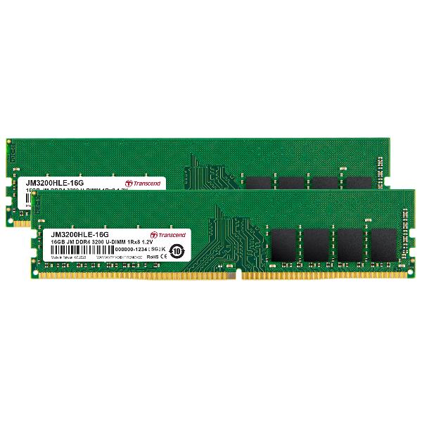 Transcend JetRAM - DDR4 - kit - 32 GB: 2 x 16 GB - DIMM 288-PIN - 3200 MHz / PC4-25600 - CL22 - 1.2 V - senza buffer - non ECC