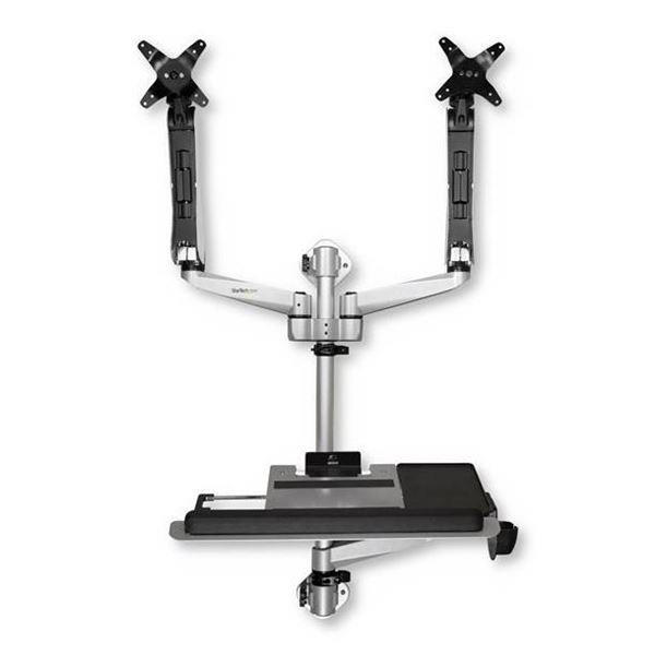 StarTech.com Postazione di lavoro ergonomica - Scrivania regolabile in altezza per 2 monitor VESA 30" e vassoio per tastiera (WALLSTSI2) - Kit montaggio (asta, supporto per mouse, poggiapolso, staffa di montaggio a parete, porta tastiera, 2 x staffe display, 2 x bracci a molla, 2 x bracci orientabili con logo, fianco monitor, staffa di montaggio a parete con piastra di blocco, 2 x bracci orientabili, mouse tray, piastra fissa cassetto mouse, mouse pad EVA) - per 2 schermi LCD / tastiera / mouse - plastica, Alluminio, acciaio - argento - dimensione schermo: 13"-30" - installabile a parete - Compatibile TAA