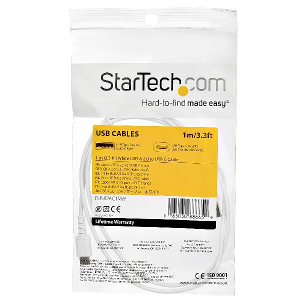 StarTech.com Cavo adattatore da USB 2.0 a USB-C di 1 m - Fibra aramidica e Protezione EMI - Cavo di ricarica TPI - Bianco (RUSB2AC1MW) - Cavo USB - USB (M) dritto a USB-C (M) dritto - Thunderbolt 3 / USB 2.0 - 1 m - bianco
