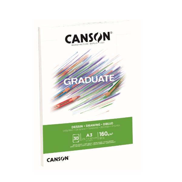 CANSON Graduate Drawing - Blocco incollato sul lato corto - A3 - 30 fogli - bianco