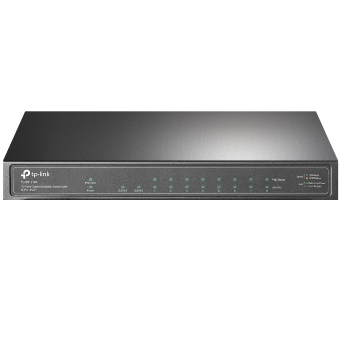 TP-Link TL-SG1210P - Switch - unmanaged - 8 x 10/100/1000 (PoE+) + 1 x 10/100/1000 (uplink) + 1 x Gigabit SFP (uplink) - desktop - PoE+ (63 W)