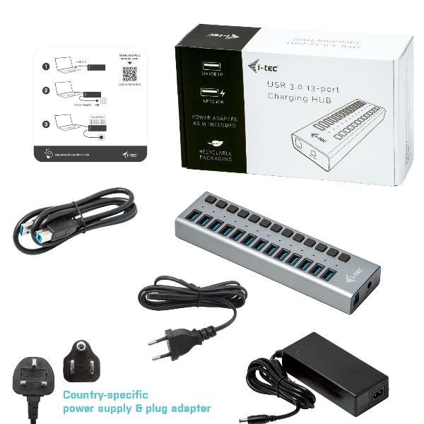 i-Tec USB 3.0 Charging HUB 13 port + Power Adapter 60 W - Hub - 13 x SuperSpeed USB 3.0 - desktop