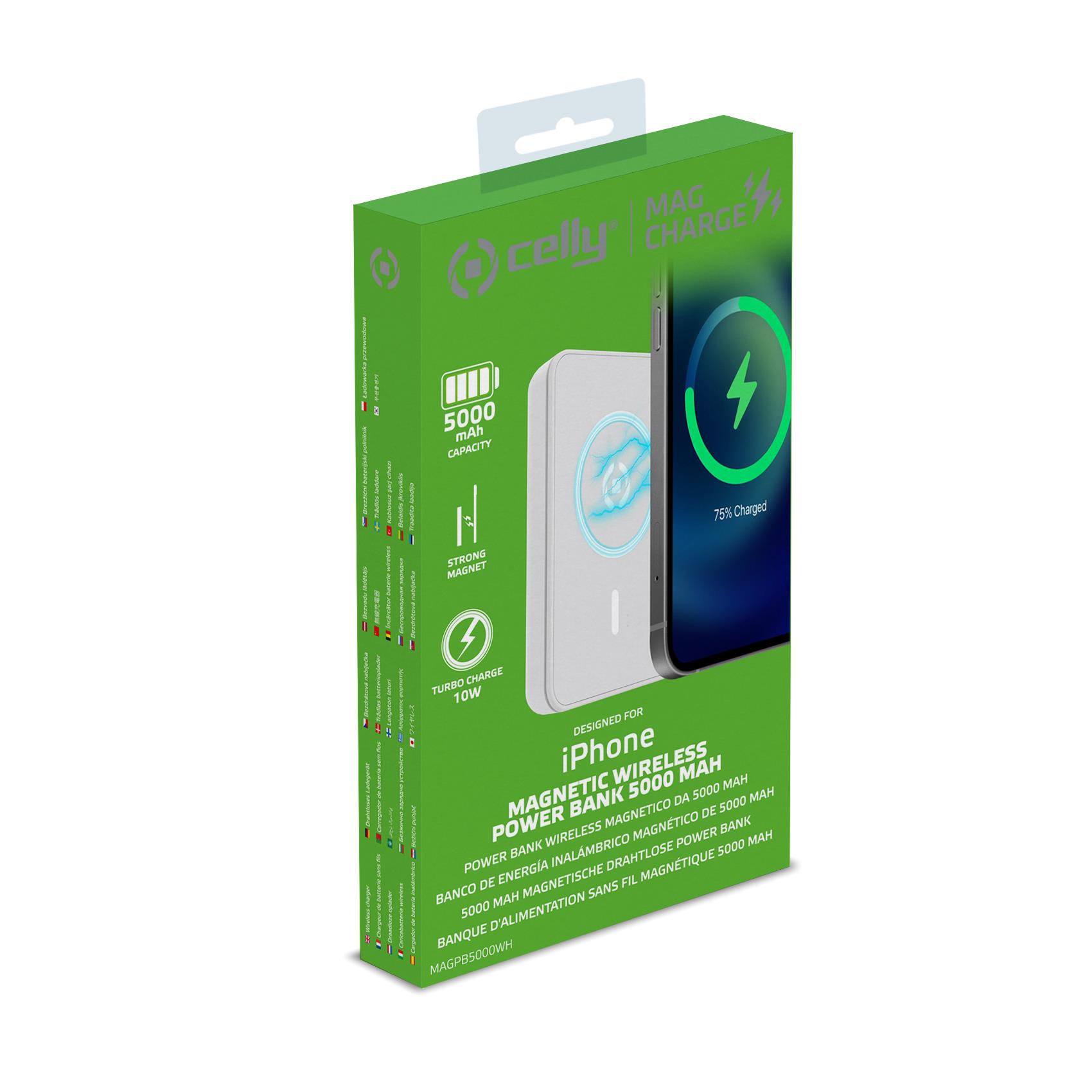 Celly MAG Charge MAGPB5000 - Supporto di ricarica senza fili / power bank - Li-Ion - 5000 mAh - 18.5 Wh - 2 A - 2 connettori di uscita (USB, USB-C) - bianco