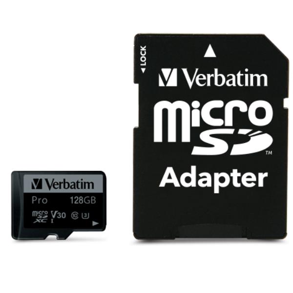 Verbatim PRO - Scheda di memoria flash (adattatore da microSDXC a SD in dotazione) - 128 GB - Video Class V30 / UHS-I U3 / Class10 - 300x/600x - UHS-I microSDXC