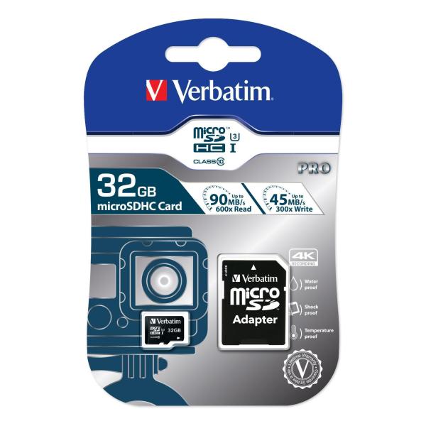 Verbatim PRO - Scheda di memoria flash (adattatore a SD in dotazione) - 32 GB - UHS Class 3 / Class10 - 300x/600x - UHS-I microSDHC