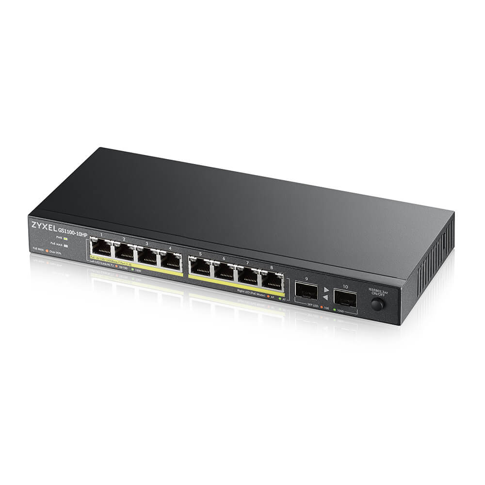 Zyxel GS1100-10HP - Switch - unmanaged - 8 x 10/100/1000 (PoE+) + 2 x Gigabit SFP - desktop, montaggio a parete - PoE+ (130 W)