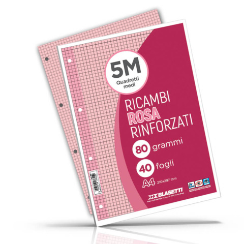 Blasetti - Refill - A4 - 40 fogli / 80 pagine - rosa - quadrettato - 4 fori