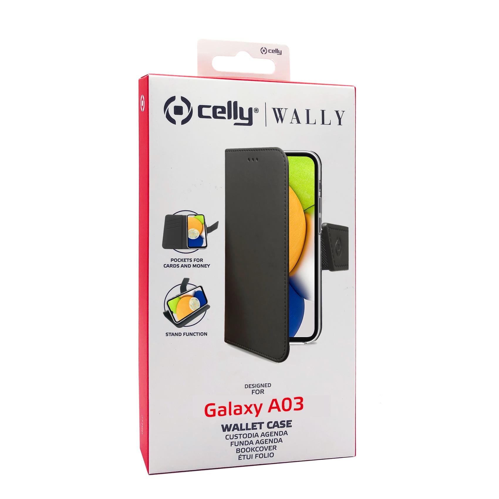 Celly Wally - Flip cover per cellulare - plastica, similpelle - nero - per Samsung Galaxy A03