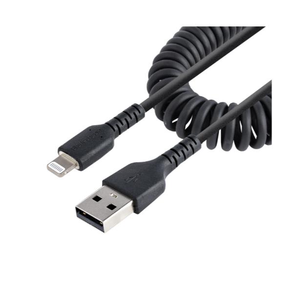 StarTech.com Cavo Lightning a USB-A da 50cm Certificato MFi, Cavetto iPhone Spiralato di Ricarica in Fibra Aramidica Resistente con Rivestimento TPE, Adattatore Lightening USB Nero (RUSB2ALT50CMBC) - Cavo Lightning - USB maschio a Lightning maschio - 50 cm - nero - avvolto a spirale - per Apple iPad/iPhone/iPod (Lightning)