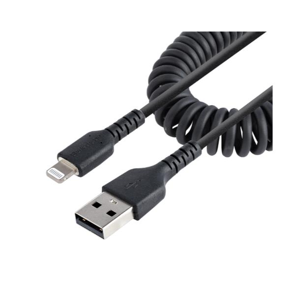 StarTech.com Cavo Lightning a USB-A Spiralato da 1m Certificato MFi, Cavetto iPhone di Ricarica in Fibra Aramidica Resistente con Rivestimento in TPE, Adattatore Lightening USB, Nero (RUSBALT1MBC) - Cavo Lightning - USB maschio a Lightning maschio - 1 m - nero - avvolto a spirale - per Apple iPad/iPhone/iPod (Lightning)