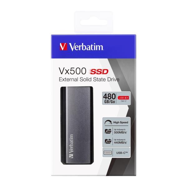 Verbatim Vx500 - SSD - 480 GB - esterno (portatile) - USB 3.1 Gen 2 (USB-C connettore) - grigio spazio