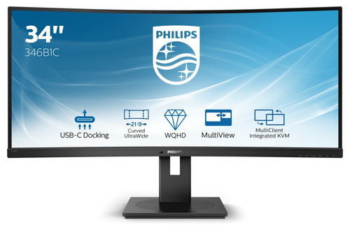 Philips B Line 346B1C - Monitor a LED - curvato - 34" - 3440 x 1440 UWQHD @ 100 Hz - VA - 300 cd/m² - 3000:1 - 5 ms - HDMI, DisplayPort, USB-C - altoparlanti - black texture