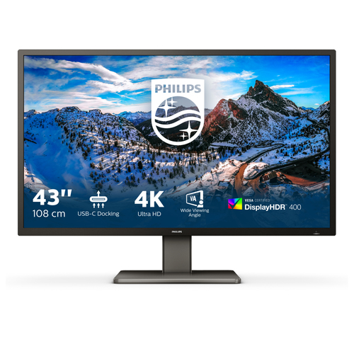 Philips P-line 439P1 - Monitor a LED - 43" (42.51" visualizzabile) - 3840 x 2160 4K @ 60 Hz - VA - 400 cd/m² - 4000:1 - DisplayHDR 400 - 4 ms - 3xHDMI, DisplayPort, USB-C - altoparlanti - black texture