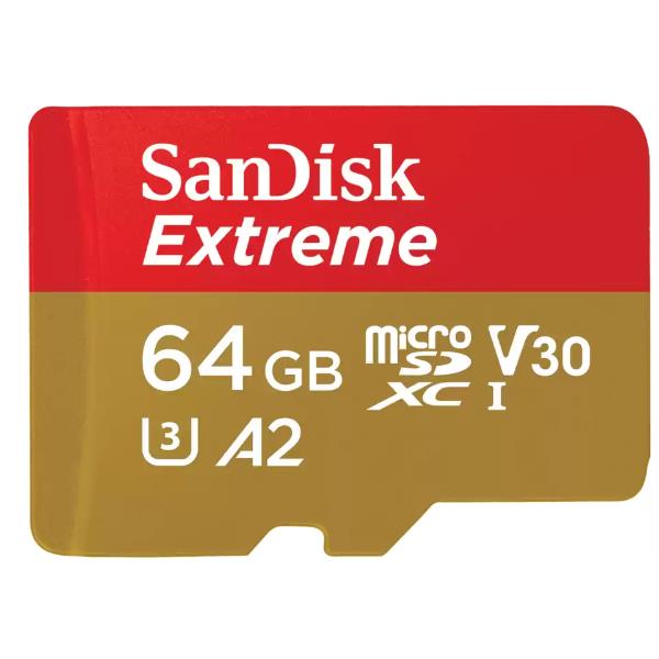 SanDisk Extreme - Scheda di memoria flash (adattatore da microSDXC a SD in dotazione) - 64 GB - A2 / Video Class V30 / UHS-I U3 / Class10 - UHS-I microSDXC