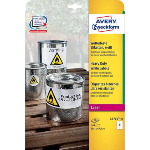 Etichette adesive L4715 - in poliestere - laser - permanenti - 99,1 x 67,7 mm - 8 et/fg - 20 fogli - bianco - Avery