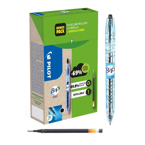 Roller gel B2P Ecoball BeGreen - punta 0,7 mm - 10 refill B2P inclusi - nero - Pilot - conf. 20 pezzi