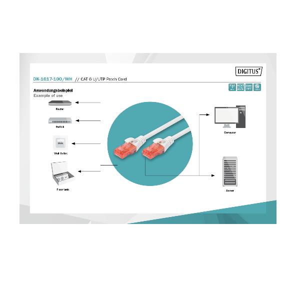 DIGITUS Professional - Cavo patch - RJ-45 (M) a RJ-45 (M) - 10 m - UTP - CAT 6e - senza alogeni, stampato, antiaggrovigliamento - bianco