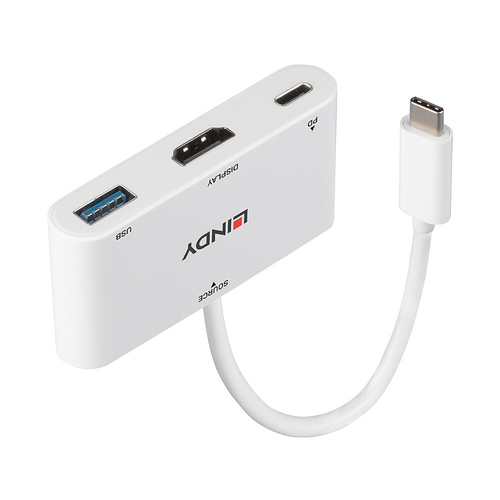 Lindy - Adattatore video - 24 pin USB-C maschio a HDMI, USB Tipo A, USB-C (solo alimentazione) femmina - 18 cm - bianco - supporta Power Delivery 3,0, supporta 4K 30 Hz (3840 x 2160)
