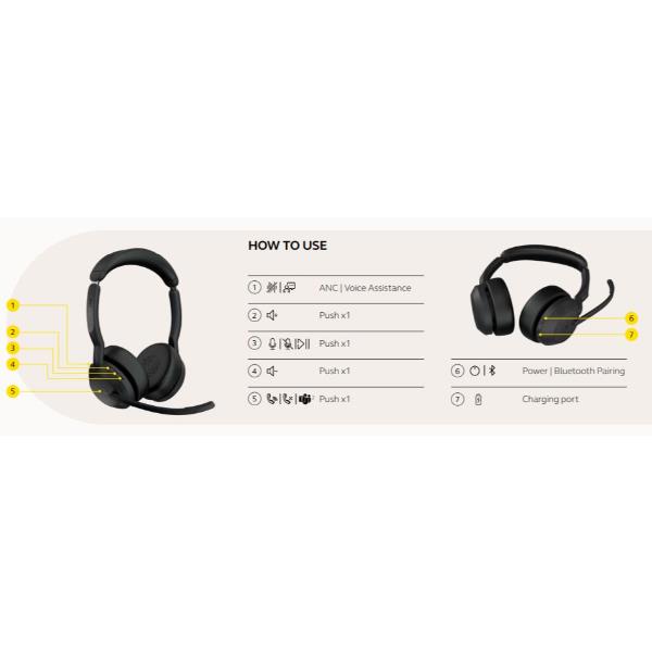 Jabra Evolve2 55 MS Mono - Cuffie con microfono - on-ear - Bluetooth - senza fili - eliminazione rumore attivata - USB-C tramite adattatore Bluetooth - nero - con supporto di ricarica - Zoom Certificato, Cisco Webex Certified, Tencent Meeting Certificato, Certificato Alcatel-Lucent, Certificato Avaya, Certificato Unify, Certificato MFi, Certificato Google Meet, Certificato Amazon Chime