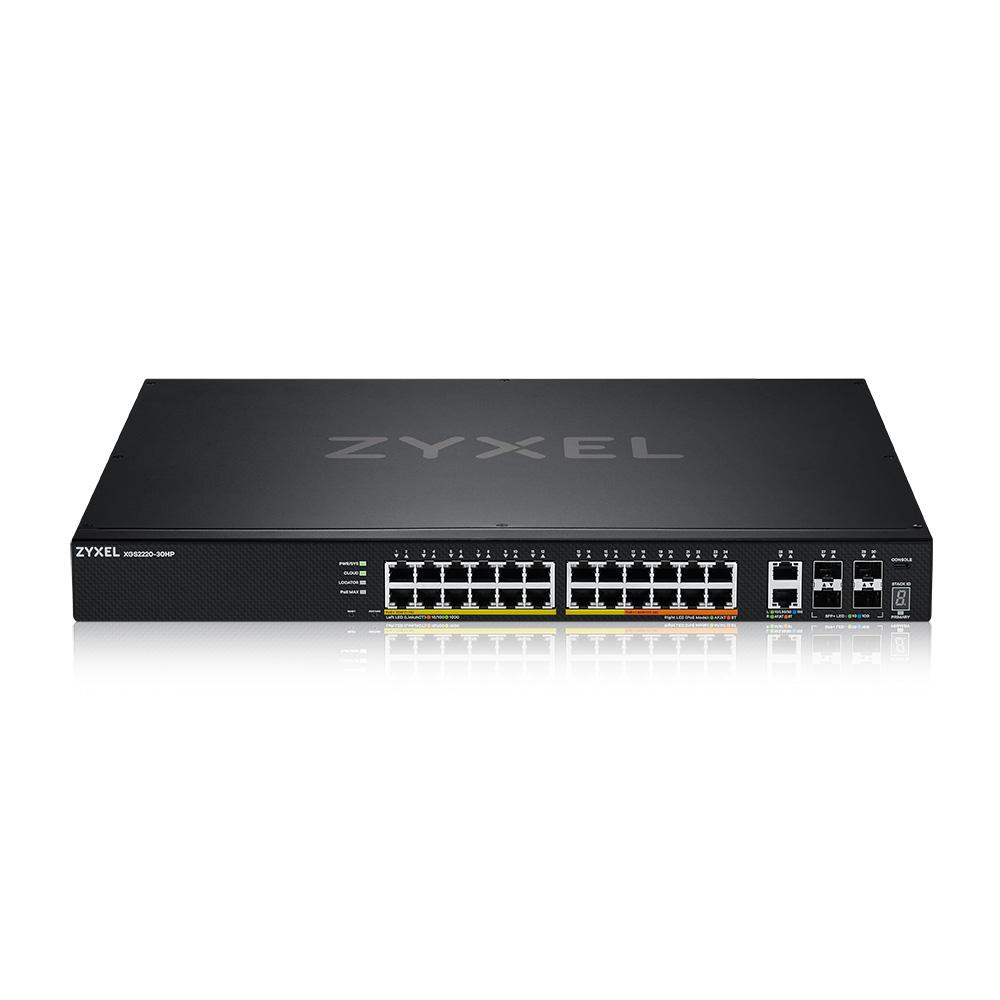 Zyxel XGS2220 Series XGS2220-30HP - Switch - 24-port GbE L3 access, NebulaFLEX Cloud, with 6 10G uplink - gestito - 16 x 10/100/1000 (PoE+) + 8 x 10/100/1000 (PoE++) + 2 x 1/2.5/5/10 (PoE++) + 4 x 10 Gigabit SFP+ - desktop, montabile su rack - PoE++ (400 W)