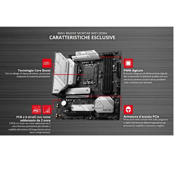 MSI MAG B660M MORTAR WIFI - Scheda madre - micro ATX - zoccolo LGA1700 - B660 Chipset - USB 3.2 Gen 1, USB 3.2 Gen 2, USB-C 3.2 Gen2, USB-C 3.2 Gen 2x2 - 2.5 Gigabit LAN, Bluetooth, Wi-Fi - scheda grafica (richiesta CPU) - HD Audio (8 canali)