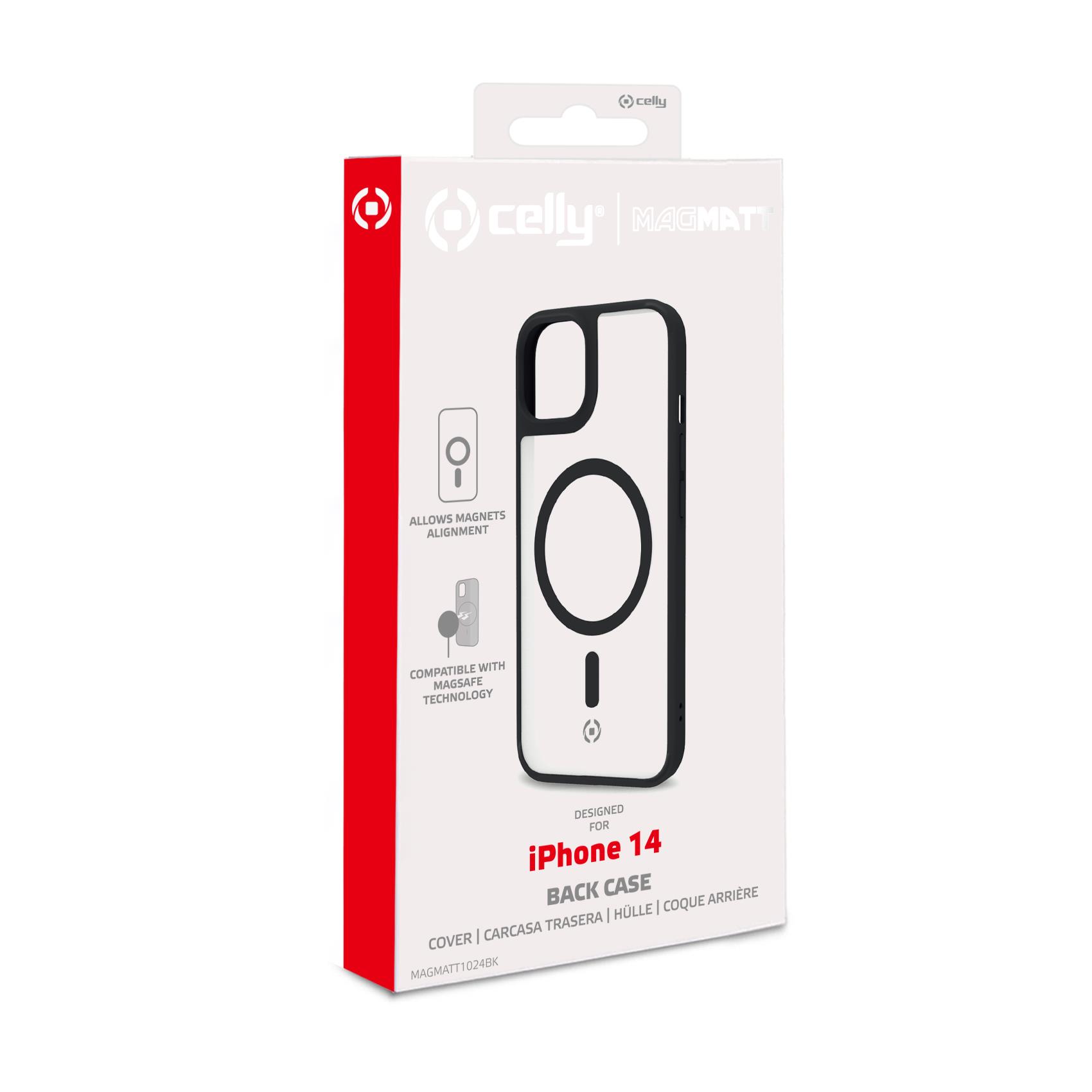 Celly Magmatt - Cover per cellulare - compatibile MagSafe - policarbonato, TPU (poliuretano termoplastico) - nero, trasparente - per Apple iPhone 14