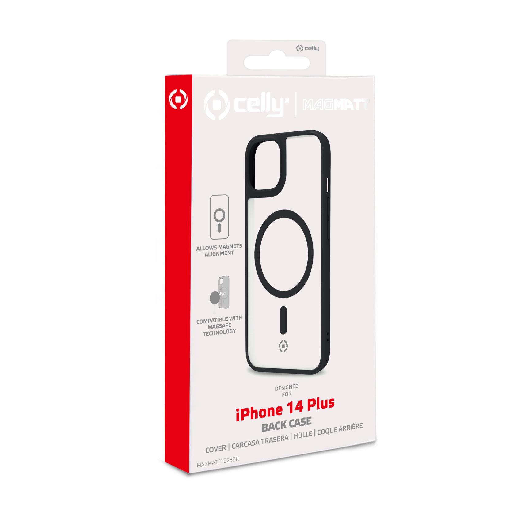 Celly Magmatt - Cover per cellulare - compatibile MagSafe - policarbonato, TPU (poliuretano termoplastico) - nero, trasparente - per Apple iPhone 14 Plus