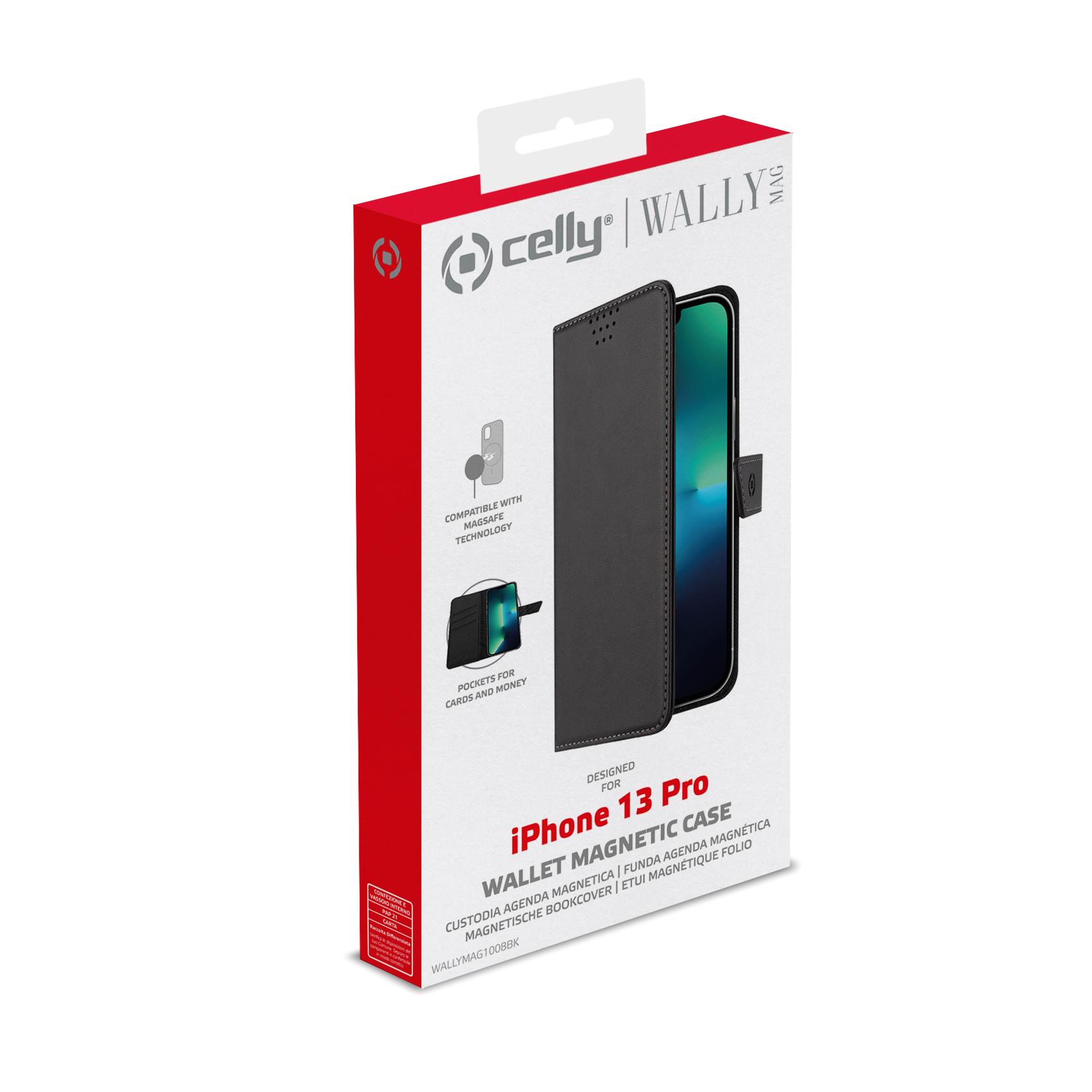 Celly Wallymag - Flip cover per cellulare - compatibile MagSafe - plastica, similpelle - nero - per Apple iPhone 13 Pro