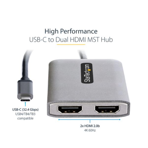 StarTech.com USB-C to Dual HDMI MST HUB, Dual HDMI 4K 60Hz, USB Type C Multi Monitor Adapter for Laptop w/ 1ft (30cm) cable, DP 1.4 Multi-Stream Transport Hub, USB Type C to 2x HDMI Ports - USB-C to HDMI Splitter (MST14CD122HD) - Adattatore video - 24 pin USB-C maschio a HDMI femmina - grigio