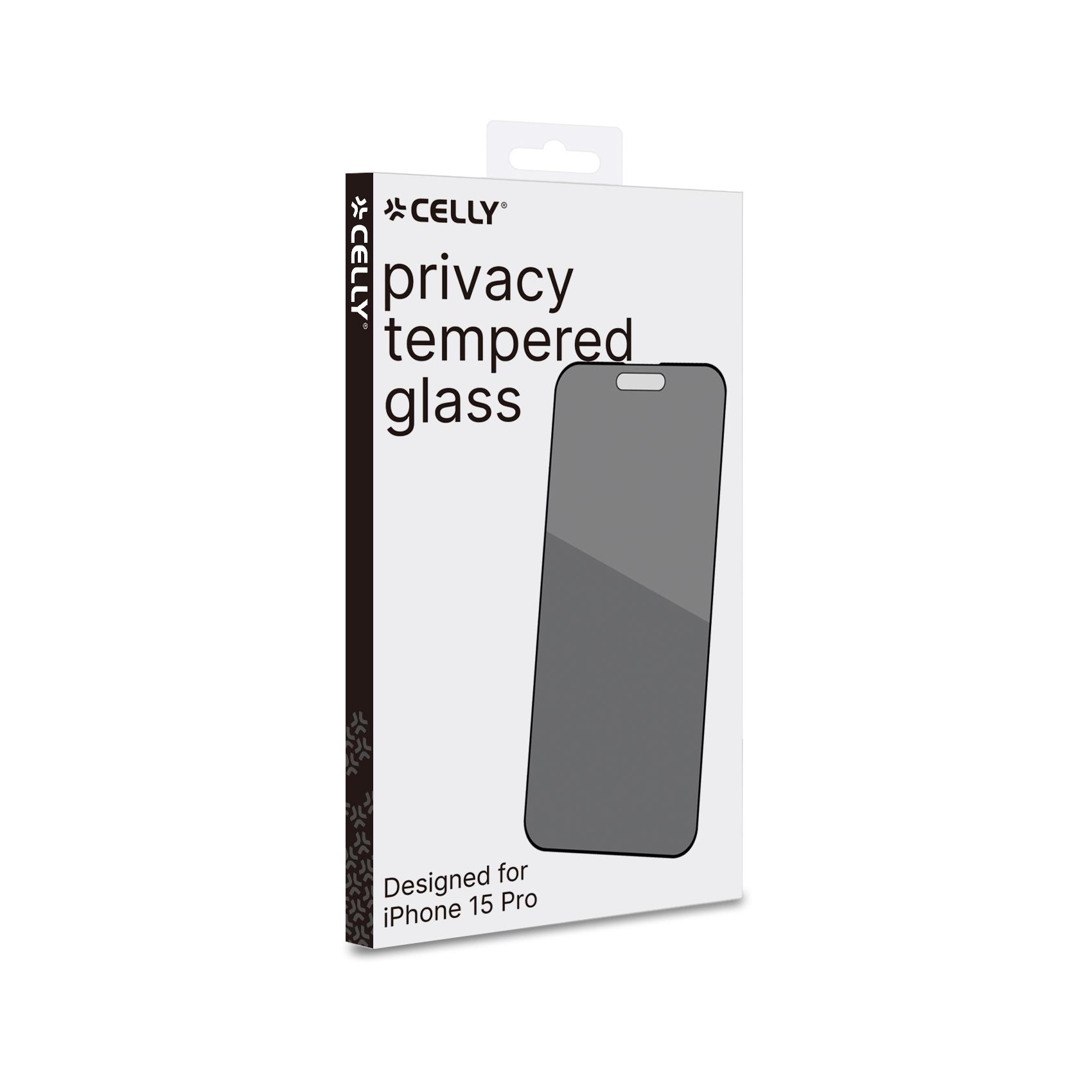 Celly Privacy Full Glass - Protezione per schermo per telefono cellulare - 3D - vetro - con filtro privacy - A due vie - colore telaio nero - per Apple iPhone 15 Pro