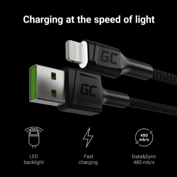 Green Cell GC Ray - Cavo Lightning - Lightning maschio a USB maschio - 1.2 m - a doppia schermatura - nero - per Apple iPad/iPhone/iPod (Lightning)