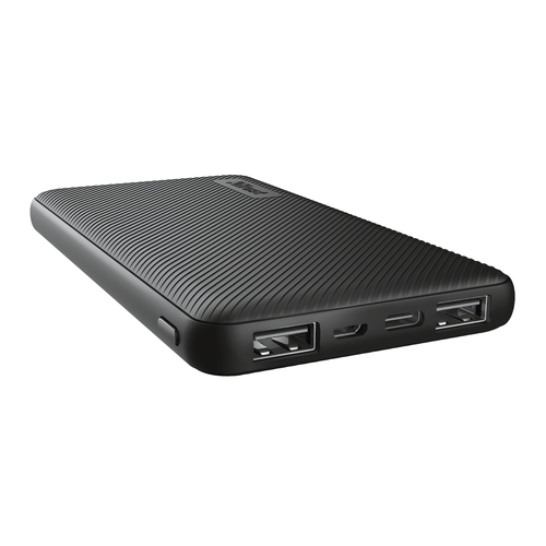 Trust Primo Ultra-thin - Powerbank - 10000 mAh - 37 Wh - 15 Watt - 3 A - Fast Charge - 3 connettori di uscita (2 x USB, 24 pin USB-C) - sul cavo: Micro-USB - nero