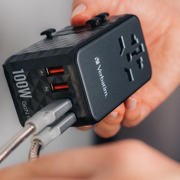 Verbatim UTA-06 - Alimentatore - GaN III, universal - 100 Watt - 5 A - Apple Fast Charge, Fast Charge, PD 3.0, QC 3.0, QC 4+, Super Charge, BC1.2, PD/PPS - 4 connettori di uscita (2 x USB, 2 x USB-C) - nero
