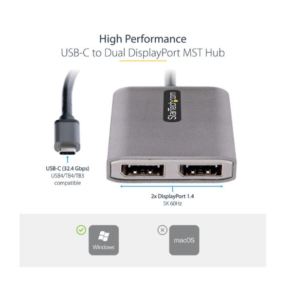 StarTech.com 2-Port USB-C MST Hub, USB Type-C to 2x DisplayPort Multi-Monitor Adapter for Laptop, Dual-DP up to 4K 60Hz w/ DP 1.4 Alt Mode & DSC, HDR, 1ft (30cm) Cable, USB Bus-Powered - Multi-Stream Transport Hub (MST14CD122DP) - Splitter video/audio - 2 x DisplayPort - desktop