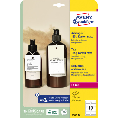 Cartellino micro-perforato stampabile - cartoncino - laser - 80 x 50 mm - 15 cart/fg - 10 fogli - bianco - Avery