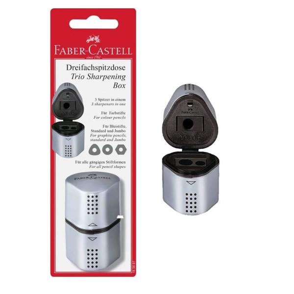 Faber-Castell GRIP 2001 - Temperino con contenitore - 3 fori - argento