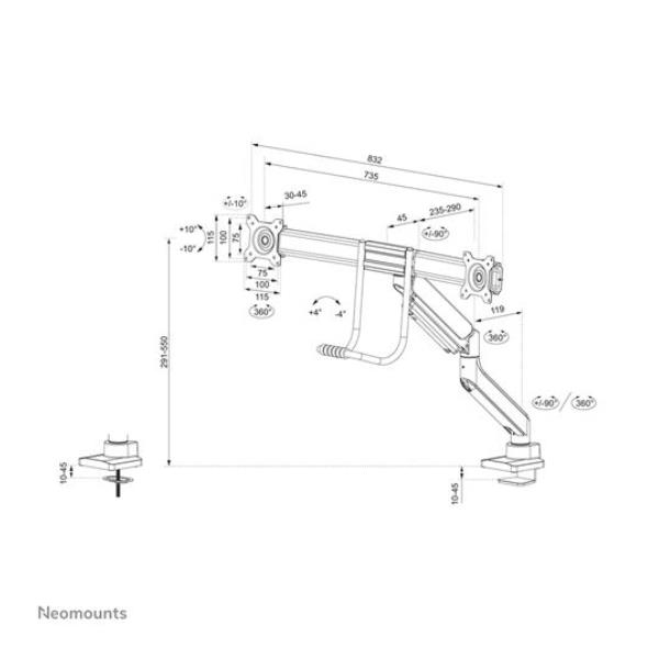 Neomounts by Newstar DS75-450BL2 - Kit montaggio (braccio snodato, morsa a occhiello, morsetto topfix) - full-motion - per 2 display LCD - nero - dimensione schermo: 17"-32" - desktop