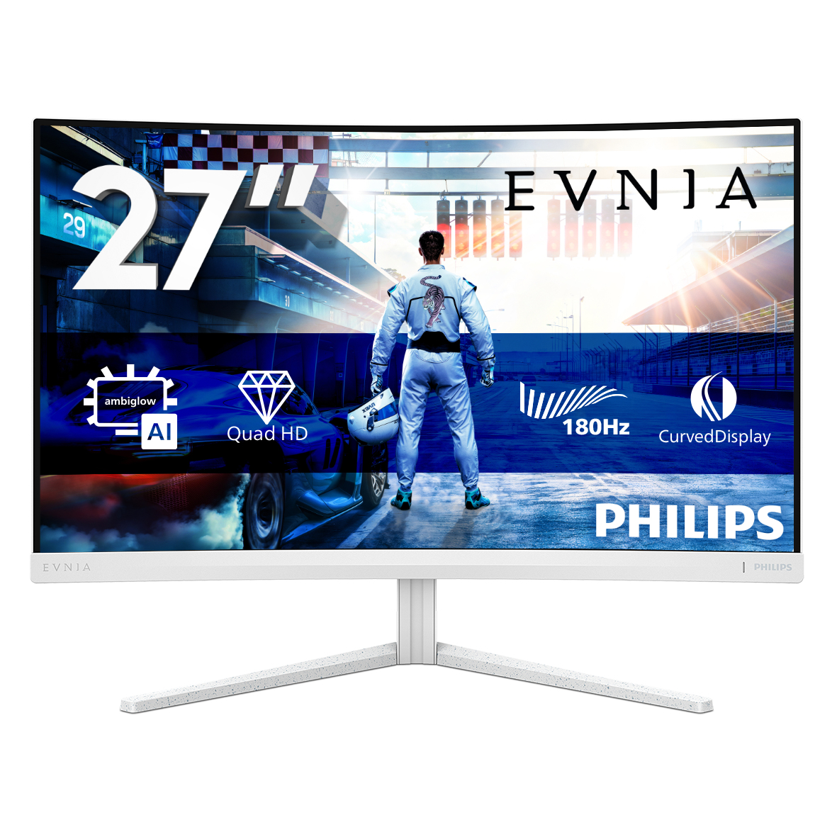 Philips Evnia 5000 27M2C5501 - Monitor a LED - gaming - curvato - 27" - 2560 x 1440 QHD @ 180 Hz - Fast VA - 5000:1 - HDR10 - 0.5 ms - 2xHDMI, DisplayPort - bianco