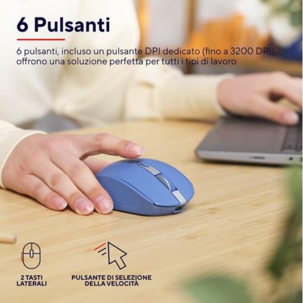Trust OZAA MOUSE WIRELESS RICARICABILE SILENZIOSO CON DOPPIA CONNESSIONE BT + WL 2,4GHZ - 60% PLASTICA RICICLATA - BLU