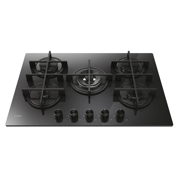 Candy CVG74WTB, Nero, Da incasso, 75 cm, Gas, Acciaio inox, 5 Fornelli
