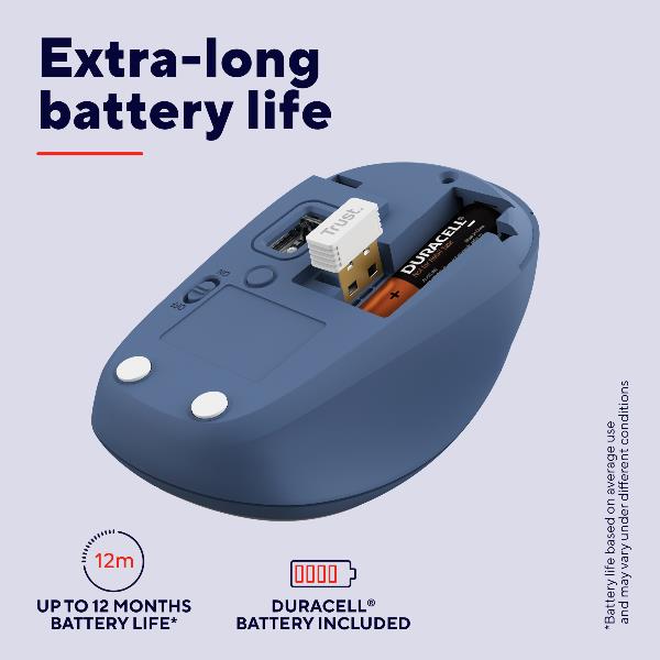 Trust YVI+ MOUSE WIRELESS (FINO A 3 DISPOSITIVI CONTEMPORANEAMENTE) SILENZIOSO - 75% PLASTICA RICICLATA - DURATA BATTERIA 12 MESI - BLU