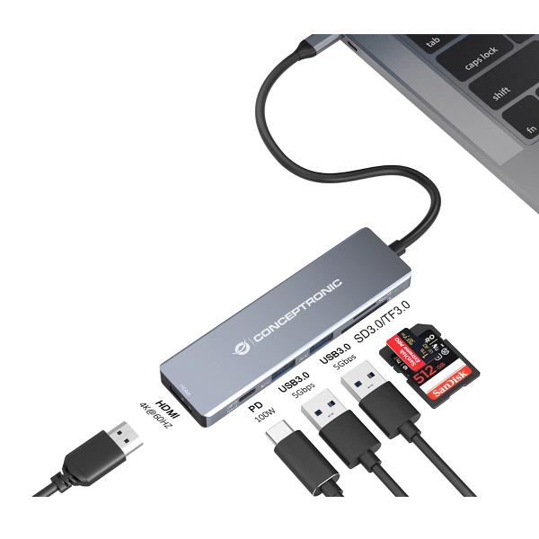 Conceptronic DOCKING STATION 6-IN-1 USB 3.2 Gen 1 - 2x USB 3.0, 100W USB PD, 4K 60Hz HDMI, SD, TFMicroSD